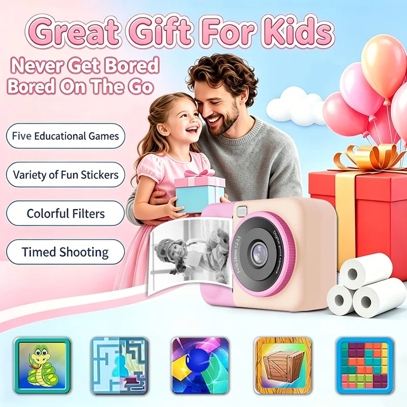 S11 Kids Digital Camera 2.4 inch Flip Screen Instant Print Camera 1080P HD Video Recording Camera - Pink