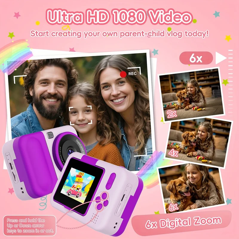 S11 Kids Digital Camera 2.4 inch Flip Screen Instant Print Camera 1080P HD Video Recording Camera - Pink