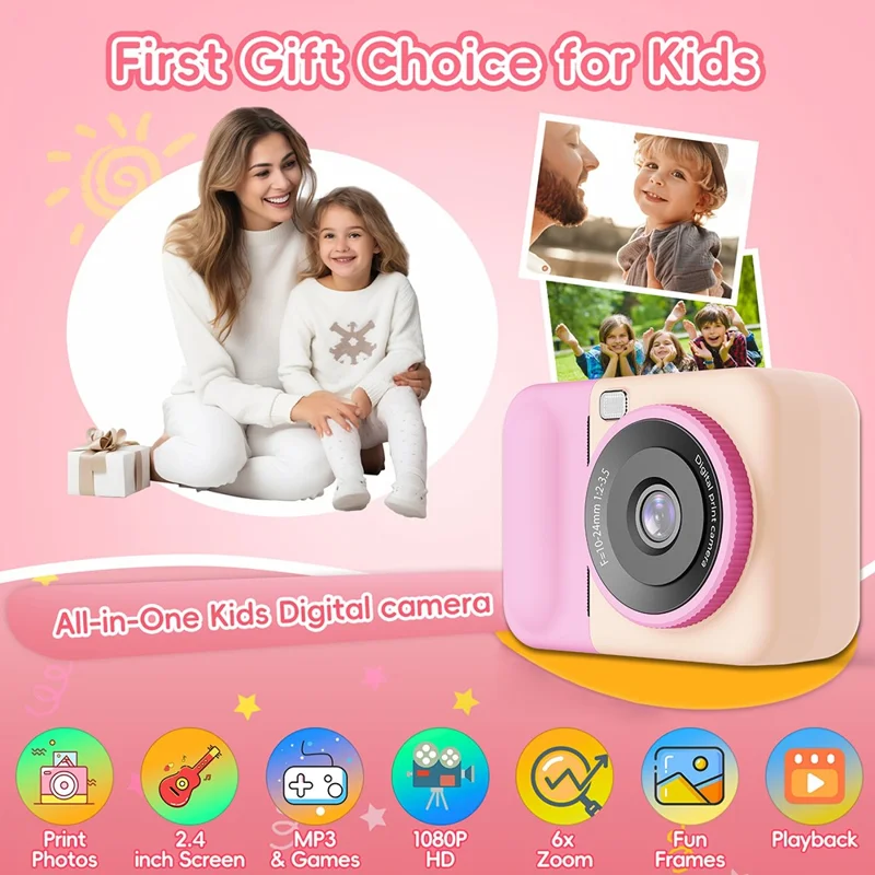 S11 Kids Digital Camera 2.4 inch Flip Screen Instant Print Camera 1080P HD Video Recording Camera - Pink