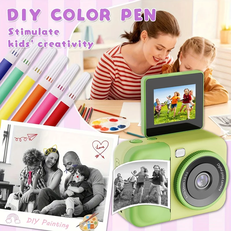 S11 Kids Digital Camera 2.4 inch Flip Screen Instant Print Camera 1080P HD Video Recording Camera - Pink