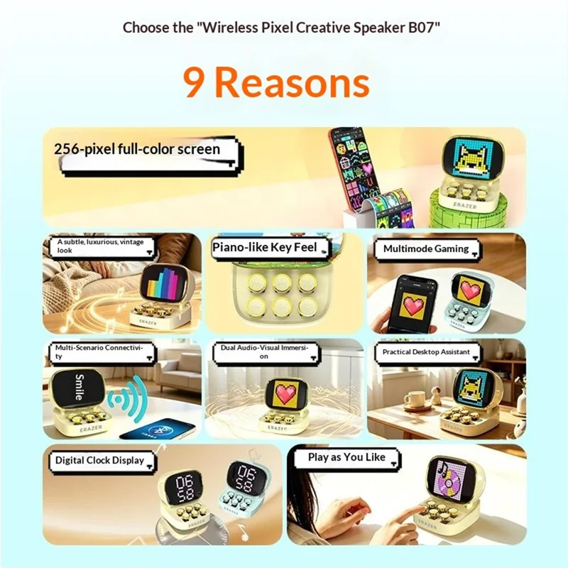 ERAZER B07 256-LED Pixel Screen 10W Wireless Bluetooth-compatible Speaker with Piano Mode (Invested By Lenovo) - Pink