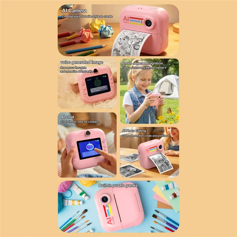 Q5 2.4 Inch AI Voice Instant Camera Thermal Printer Kids Camera Portable Photo Printer - Pink