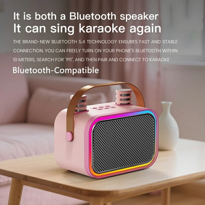 P11 Handheld Karaoke Speaker with Dual Microphones Bluetooth-compatible 5.4 RGB Lighting Subwoofer - Pink