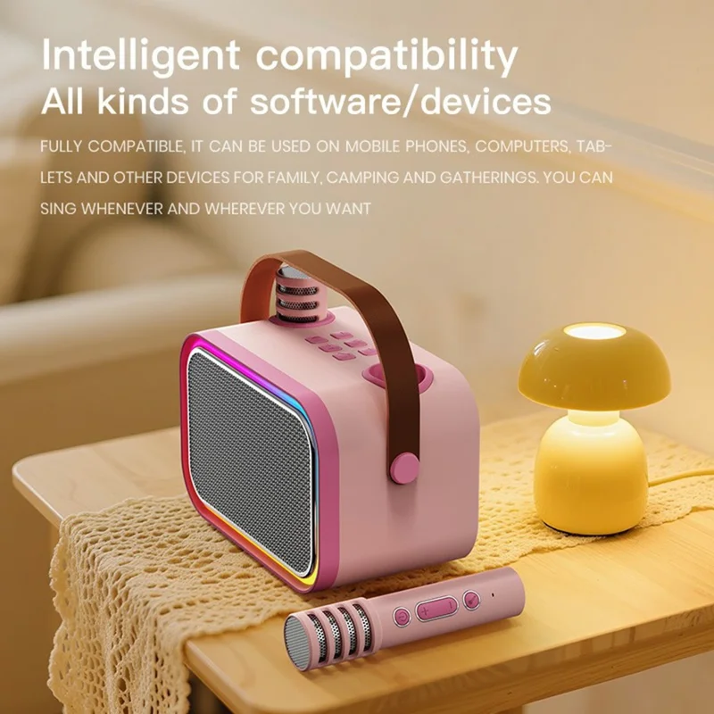 P11 Handheld Karaoke Speaker with Dual Microphones Bluetooth-compatible 5.4 RGB Lighting Subwoofer - Pink