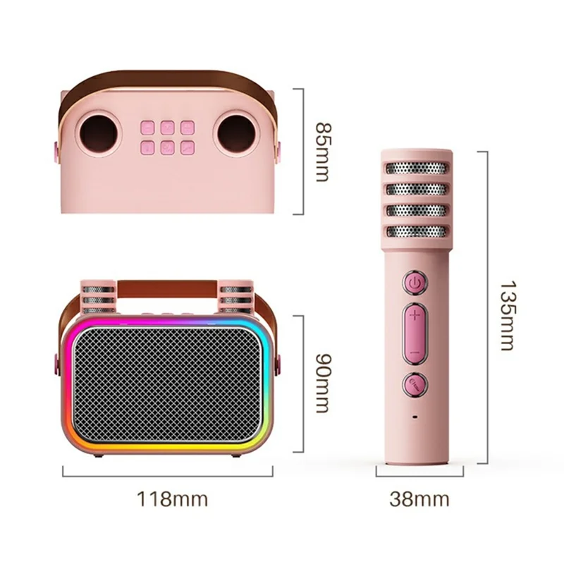P11 Handheld Karaoke Speaker with Dual Microphones Bluetooth-compatible 5.4 RGB Lighting Subwoofer - Pink