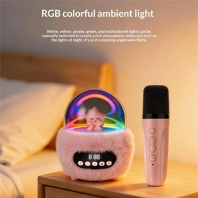 P16 Bluetooth-compatible 5.4 Portable Karaoke Speaker with Dual Microphone RGB Ambient Light Alarm Clock - Pink