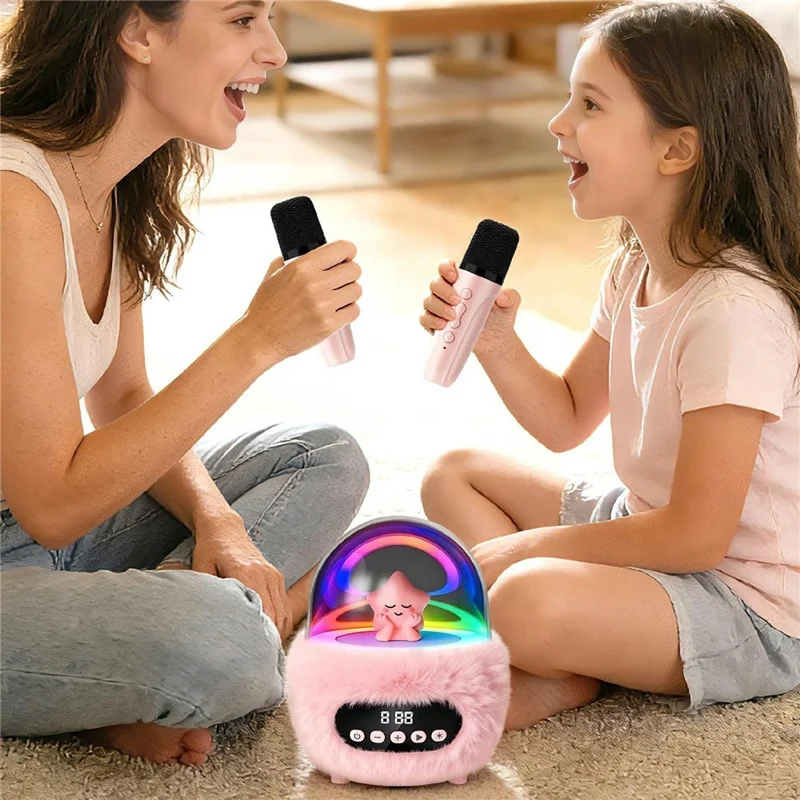 P16 Bluetooth-compatible 5.4 Portable Karaoke Speaker with Dual Microphone RGB Ambient Light Alarm Clock - Pink