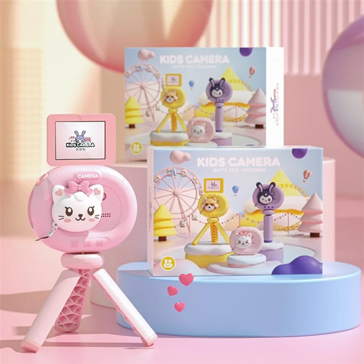 K62 2,4" Flip-Up HD-Bildschirm-Kamera für Kinder mit Stativ-Ständer, Schlüsselband tragbare Mini-Kamera zum Fotografieren und Filmen - Katze
