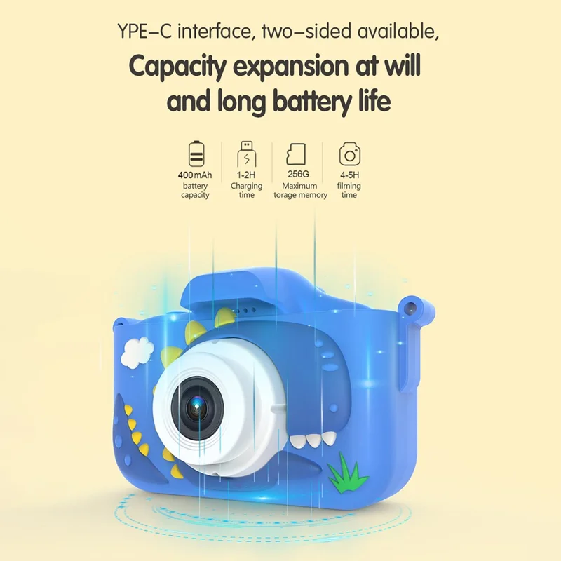 X13S Cartoon Dinosaur 2.0 Inch IPS Screen Video Recorder Kids Camera, No TF Card (CE Certified) - Blau