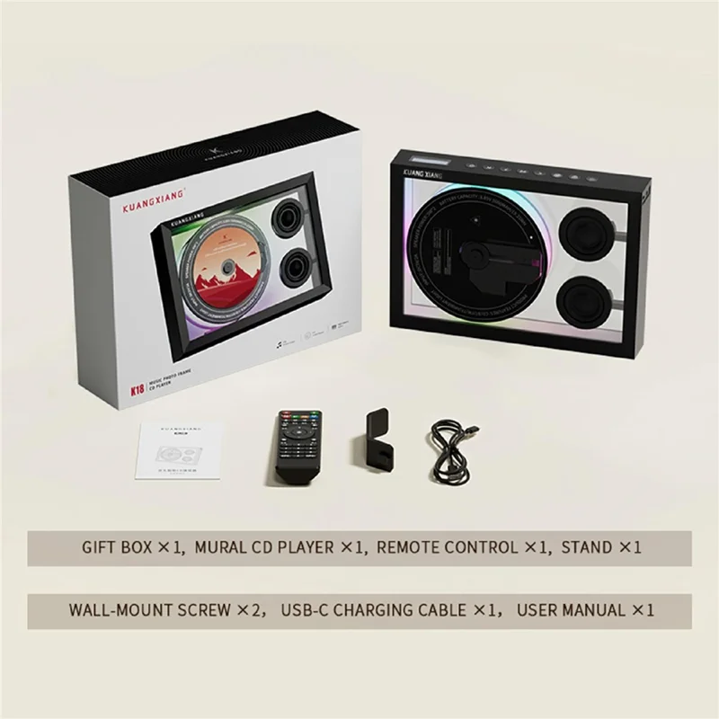 K18 CD Player Bluetooth-compatible 5.3 Speaker RGB Light Wall Mount Desktop Music Player - Black