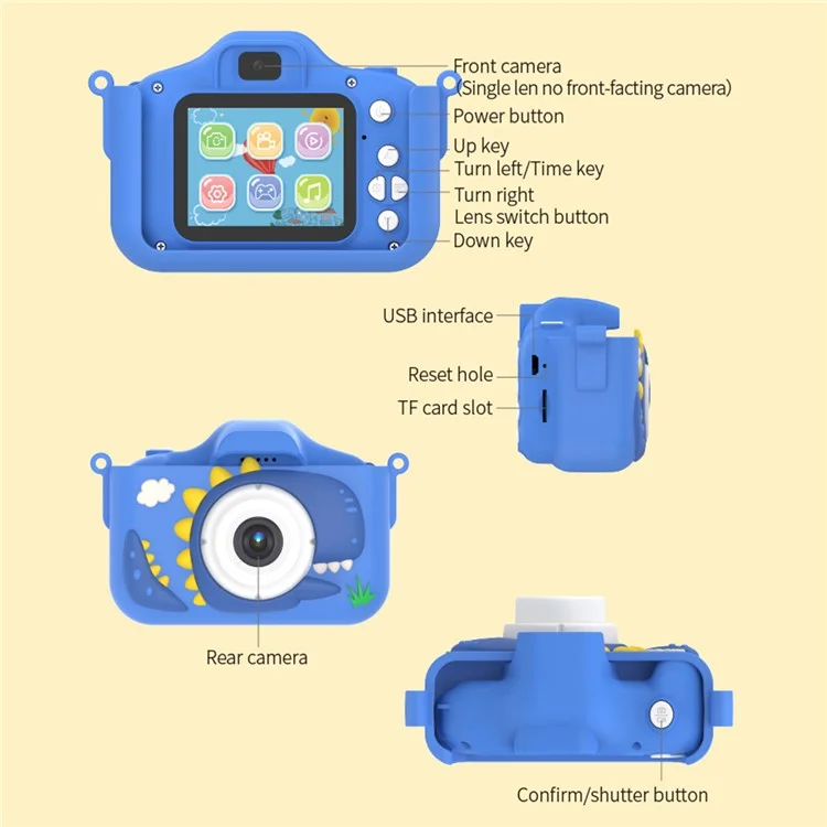 Cámara de juguete para niños con doble lente y diseño de dinosaurio de dibujos animados X13S, con tarjeta TF de 32 GB y lector de tarjetas (certificación CE) - Azul