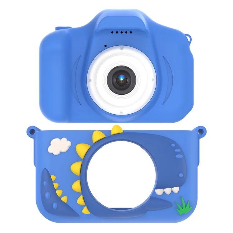 Cámara de juguete para niños con doble lente y diseño de dinosaurio de dibujos animados X13S, con tarjeta TF de 32 GB y lector de tarjetas (certificación CE) - Azul