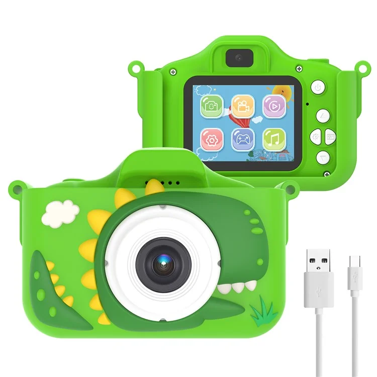 X13S Cámara de juguete para niños con doble lente y diseño de dinosaurio de dibujos animados, con tarjeta TF de 32GB y lector de tarjetas (certificación CE) - Verde