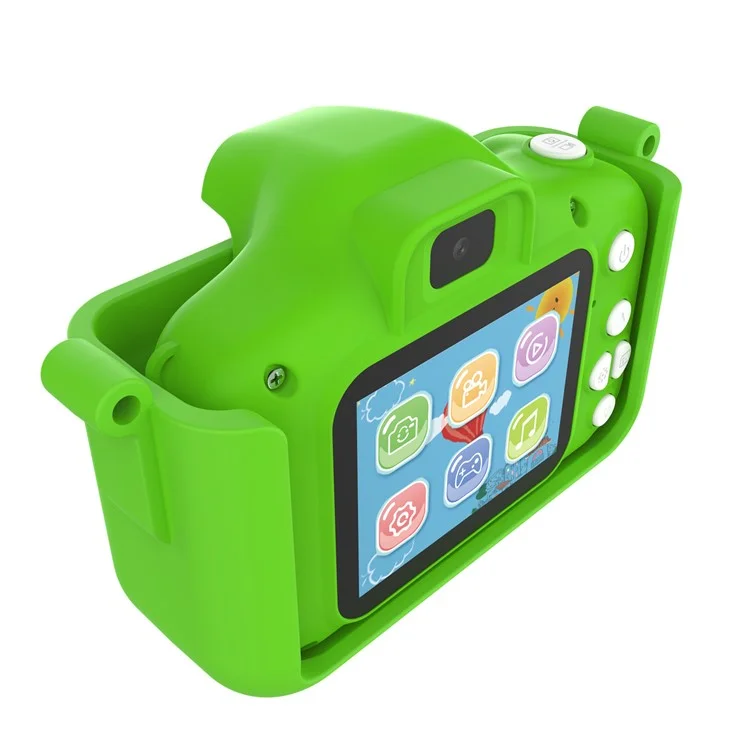 X13S Cámara de juguete para niños con doble lente y diseño de dinosaurio de dibujos animados, con tarjeta TF de 32GB y lector de tarjetas (certificación CE) - Verde