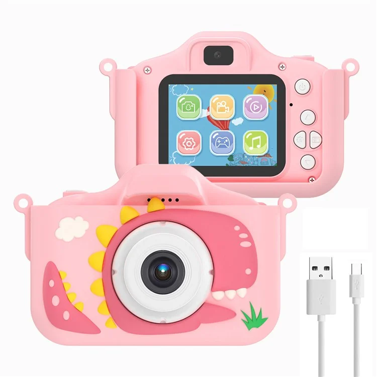 Cámara de juguete para niños X13S con lente dual y dinosaurio de dibujos animados, con tarjeta TF de 32 GB y lector de tarjetas (certificada CE) - Rosa