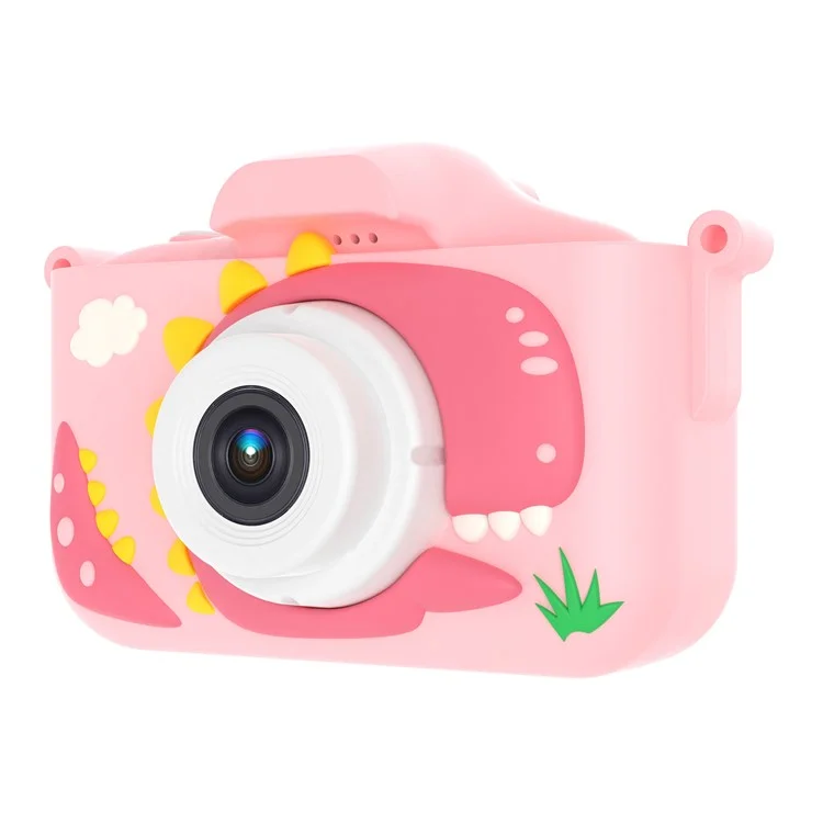 Cámara de juguete para niños X13S con lente dual y dinosaurio de dibujos animados, con tarjeta TF de 32 GB y lector de tarjetas (certificada CE) - Rosa