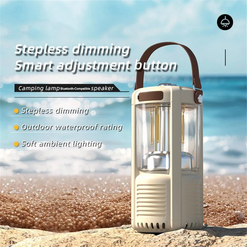 QD21 Lanterne de camping Bluetooth 5.3, haut-parleur, variation continue de l'éclairage, lumière chaude / blanche, étanche IPX5, batterie 3000 mAh - Blanc