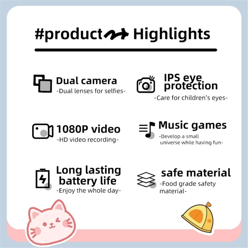 Y20 2.0 Inch Screen Camera Rechargeable Kids Camera Toy with Music and Game - Rainbow Cat / Blue