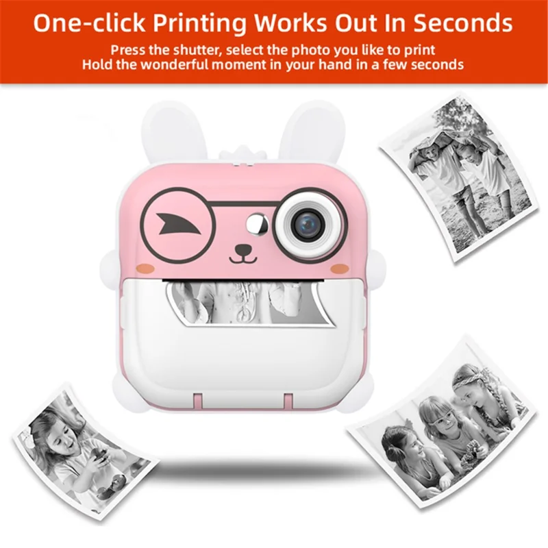 Q5 2.4 Inch Kids Camera Cartoon Design Instant Print Photo Mini Digital Video Camera - Pink Rabbit