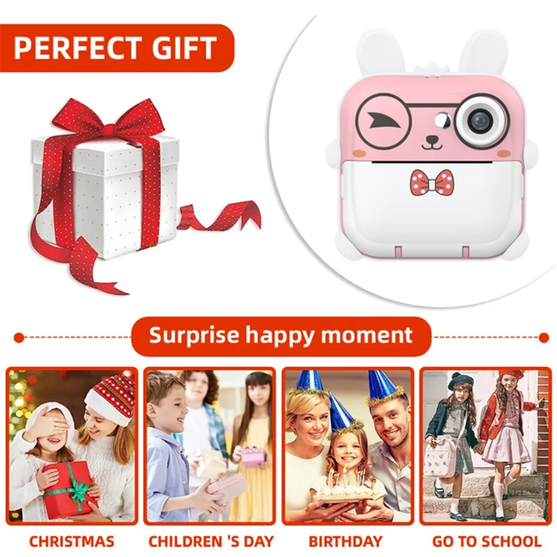 Q5 Kids Camera Instant Print Photo Mini Digital Video Camera, Cartoon Rabbit - Розовый