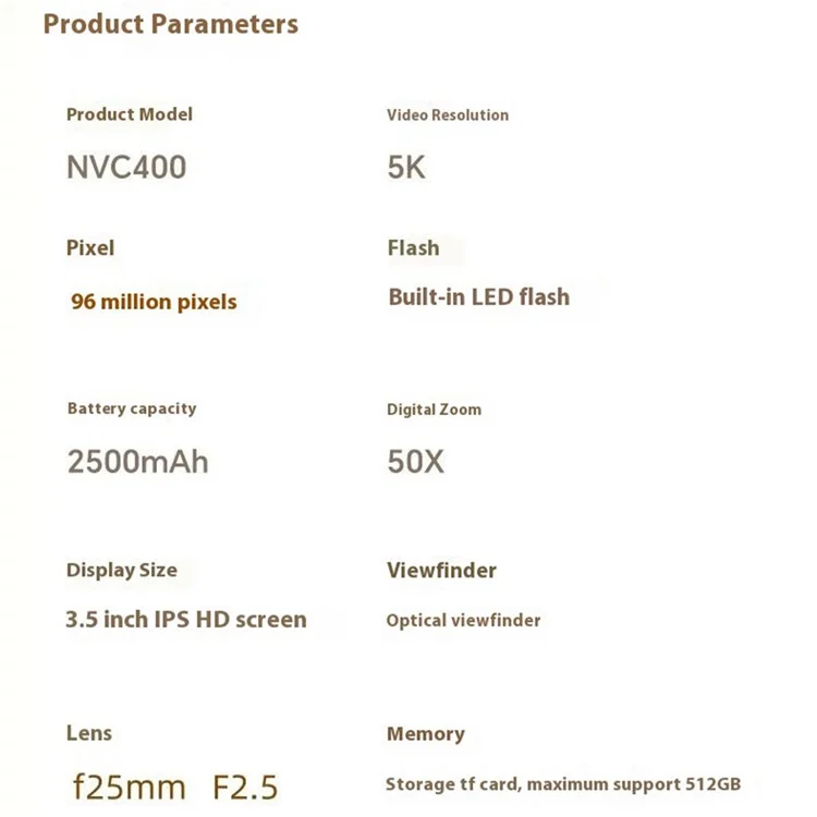Caméra Numérique NVC400 5K 96MP 50X Zoom Numérique 2.4G WiFi Camera Avec Carte TF 64g