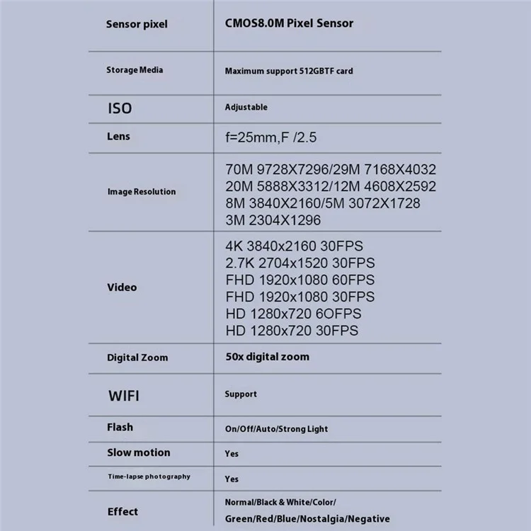Fotocamera Digitale NVC600 4K 70MP 50X Digital Zoom Anti-Shake WiFi Camera Con LED LED a LED da 64 g TF Luce di Riempimento