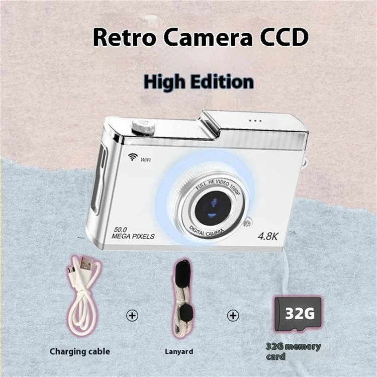 Cámara digital CCD retro Y5 de doble lente HD de 2,4 pulgadas con grabación de vídeo y zoom 8X, con tarjeta TF de 32G - Blanco