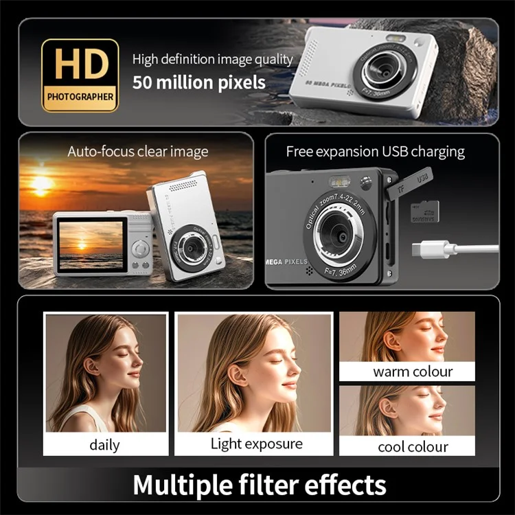 Cámara digital compacta CCD de 2.8 pulgadas M08 con enfoque automático, grabadora de vídeo 1080P sin tarjeta TF - Negro