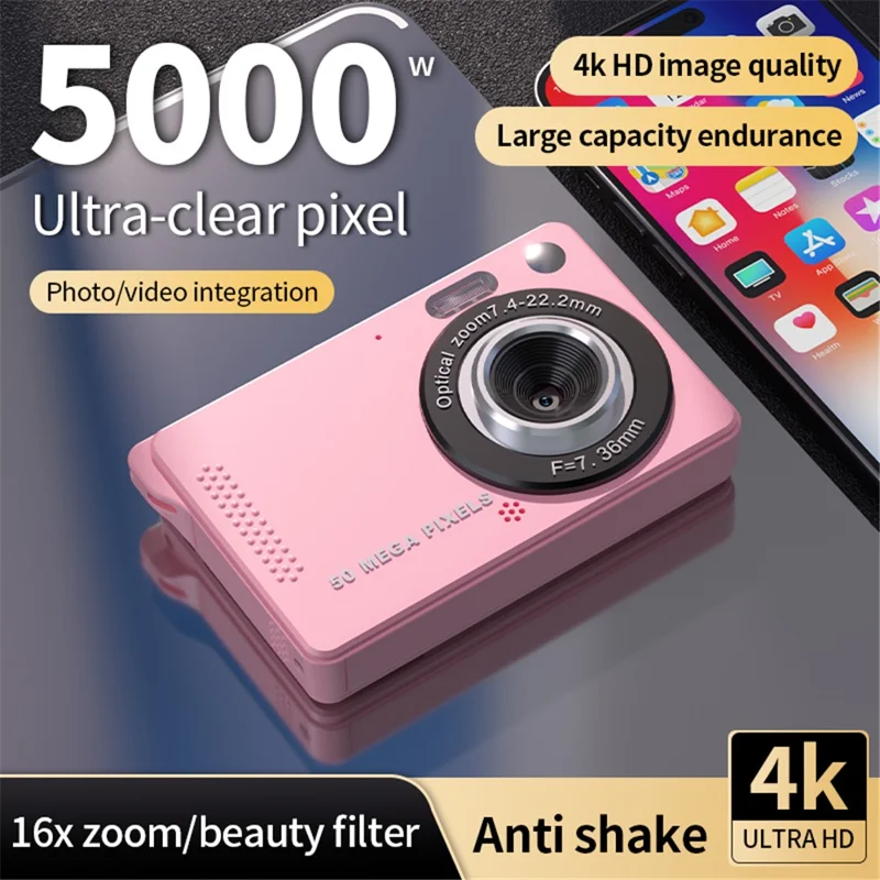 M08 2.8 Inch Compact CCD Digital Camera Auto Focus 1080P Video Recorder with 64G TF Card + Card Reader - Pink