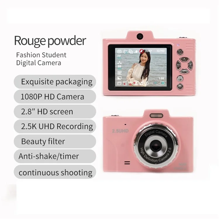 H8S 2.8 Inch Digital Camera HD Dual Lens Video Recording CCD Camera with 64G TF Card + Card Reader - Blue