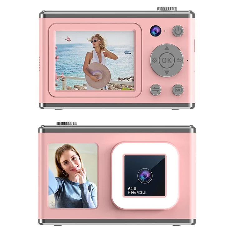 Y23 2,4-Zoll-HD-Bildschirm Dual-Linsen-Videoaufnahme CCD-Digitalkamera mit 32G TF-Karte + Kartenleser - Pink