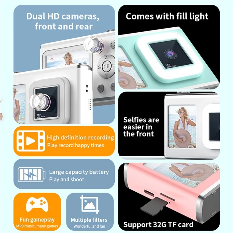 Y23 2,4-Zoll-HD-Bildschirm Dual-Linsen-Videoaufnahme CCD-Digitalkamera mit 32G TF-Karte + Kartenleser - Pink