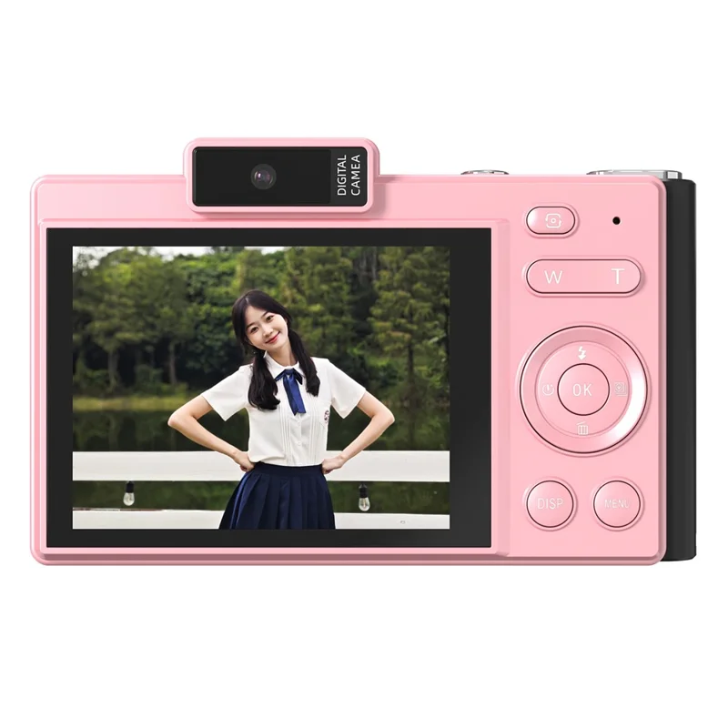 H18 2.8 Inch IPS HD Digital Camera Dual Lens Entry Level CCD Camera with Built-in Flash - Pink