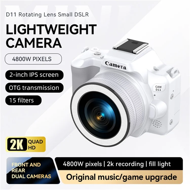 D11 Mini Digital Camera HD Video Recording DSLR Camera 48MP MAX with 8G Memory Card - White