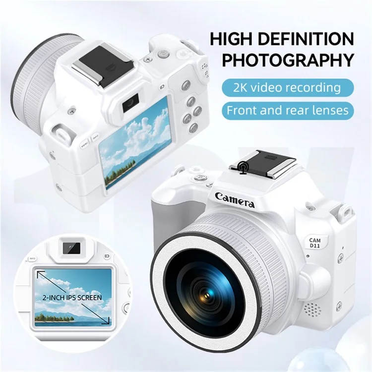 D11 Mini Digital Camera HD Video Recording DSLR Camera 48MP MAX with 8G Memory Card - White
