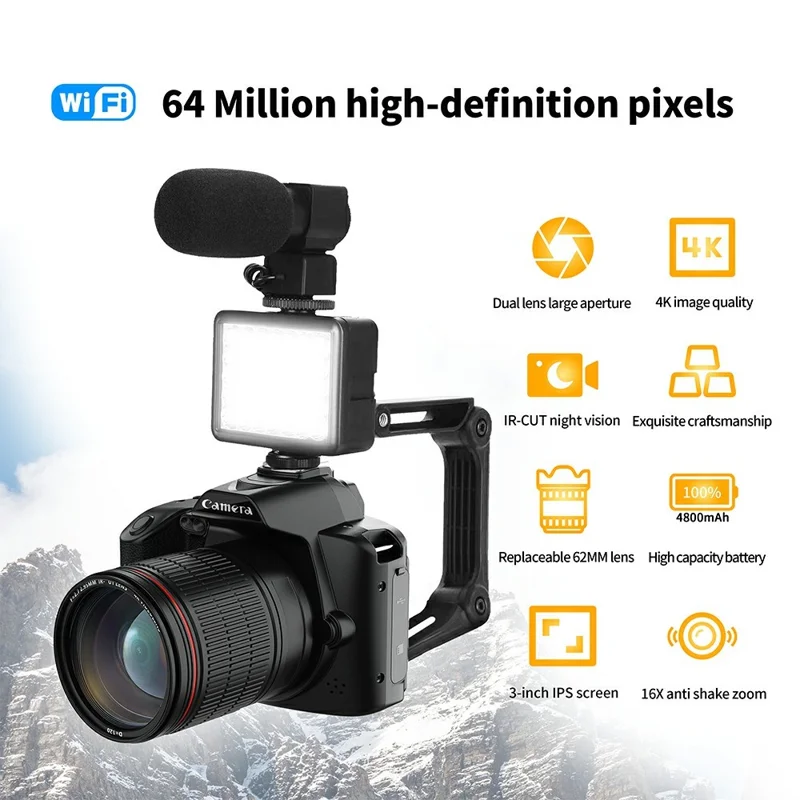 D5 HD WiFi DSLR Camera 4K Dual Lens 64MP Digital Camera Camcorder with 32GB Memory Card + Card Reader