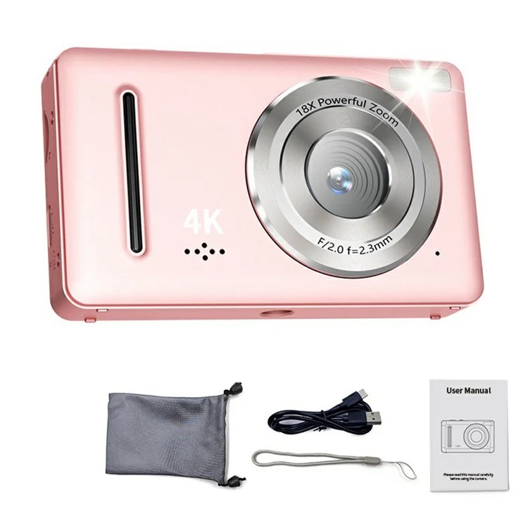 FC002 Câmera Digital de 2,4 Polegadas com Tela IPS, 64MP, Foco Automático, Zoom 18X, Câmera de Vídeo CCD - Rosa