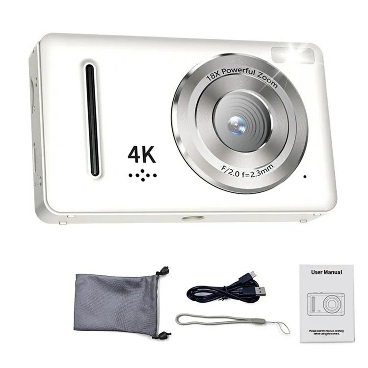 FC002 2.4 Inch IPS Screen 64MP Auto Focus Digital Camera 18X Zoom CCD Video Camera - White