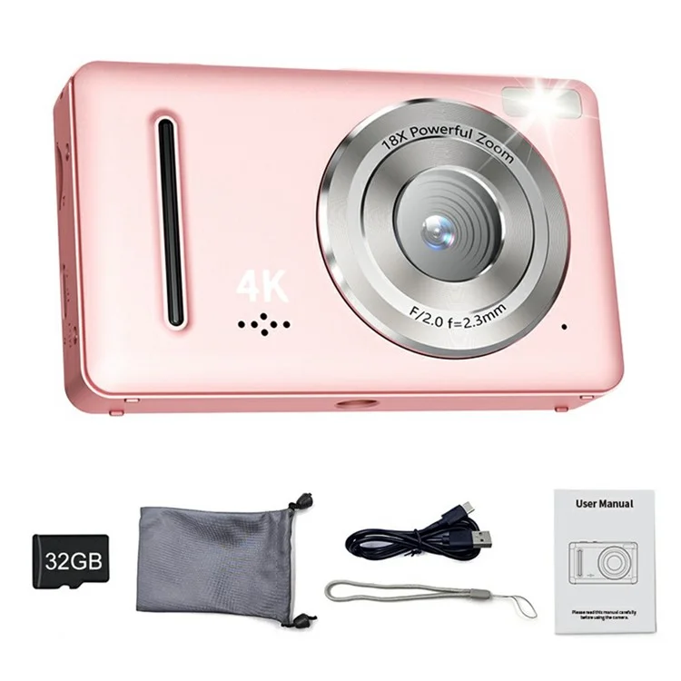 FC002 Schermo IPS da 2,4 pollici Fotocamera digitale con messa a fuoco automatica da 64MP e zoom 18X, con scheda TF da 32G + Lettore di schede - Rosa