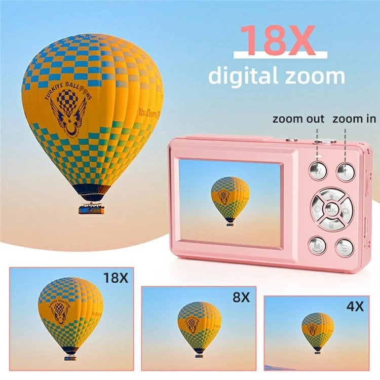 FC002 Schermo IPS da 2,4 pollici Fotocamera digitale con messa a fuoco automatica da 64MP e zoom 18X, con scheda TF da 32G + Lettore di schede - Rosa