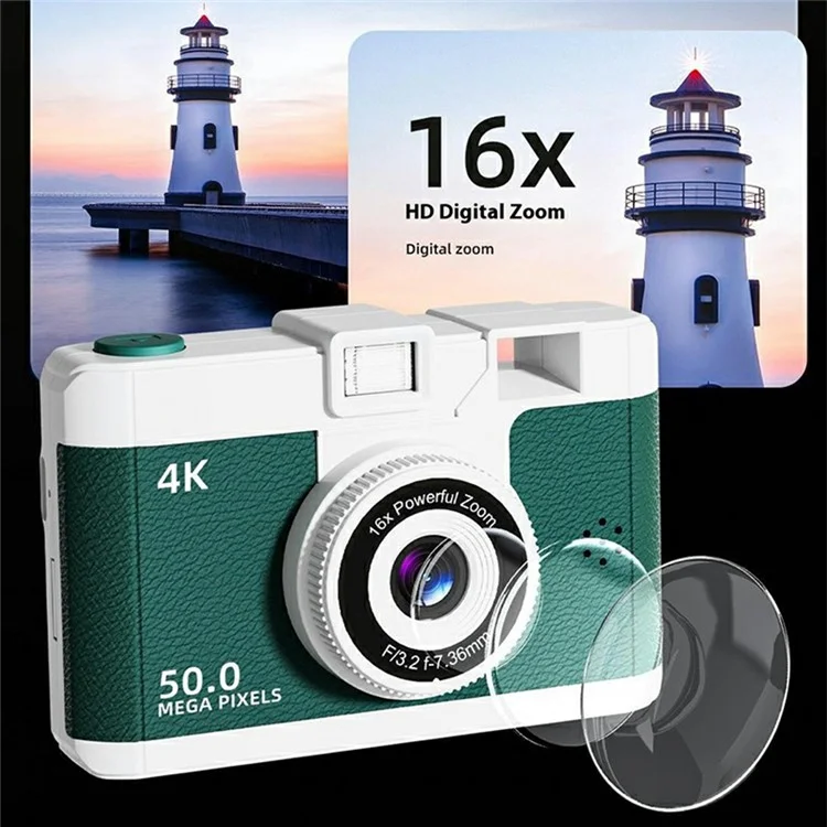 M16 2.4 Inch Screen HD Dual Lens Digital Camera 16X Zoom Retro CCD Camcorder with LED Flash - Green
