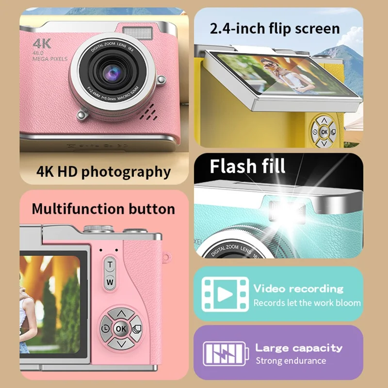 LK007 2.4 Inch Flip Screen High Definition Digital Camera 8X Zoom CCD Camcorder with 32G Memory Card + Card Reader - Pink