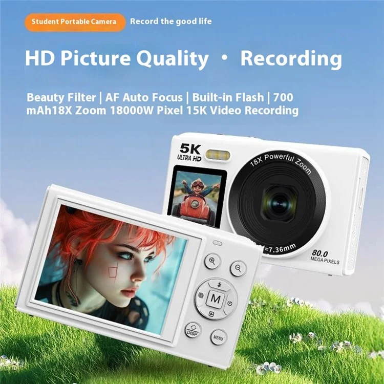 S150PRO Fotocamera digitale portatile a doppio schermo ad alta risoluzione CCD, con selfie camera, 64G TF Card + Card Reader - Bianco