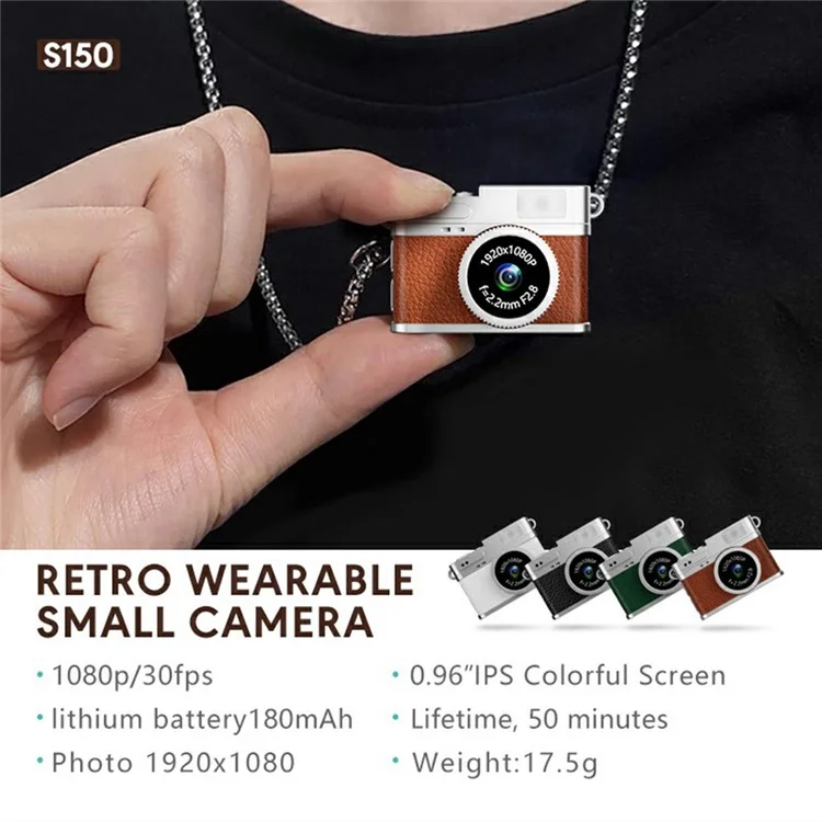 S150 Wearable Mini Camera 1080P HD Video 0.96 Inch IPS Display Necklace Pendant Retro Camera - Brown