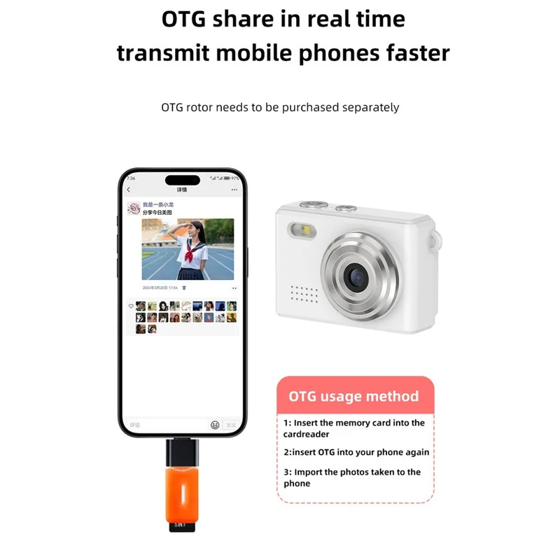 Câmera Digital Miniatura DC23 Tela de 0,96 Polegada CCD Gravador de Vídeo HD para Estudantes, com Cartão de Memória de 32GB + Leitor de Cartão - Branco