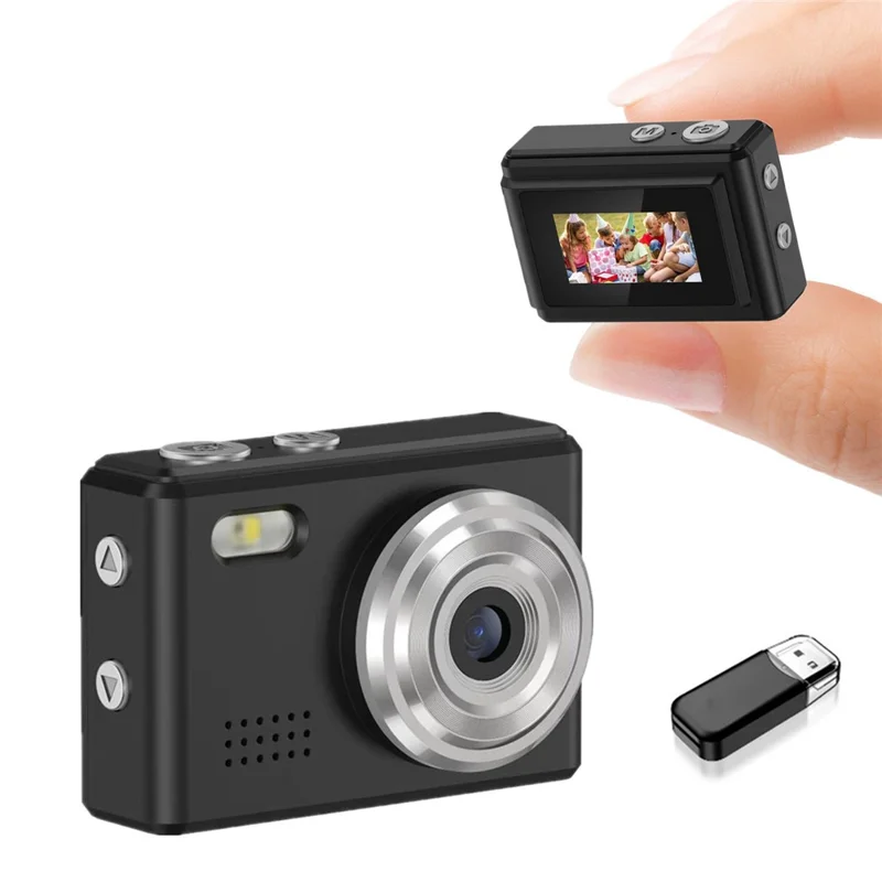 DC23 Mini Digital Camera 0.96 Inch Screen CCD HD Video Recorder for Students, with 32GB Memory Card + Card Reader - Black