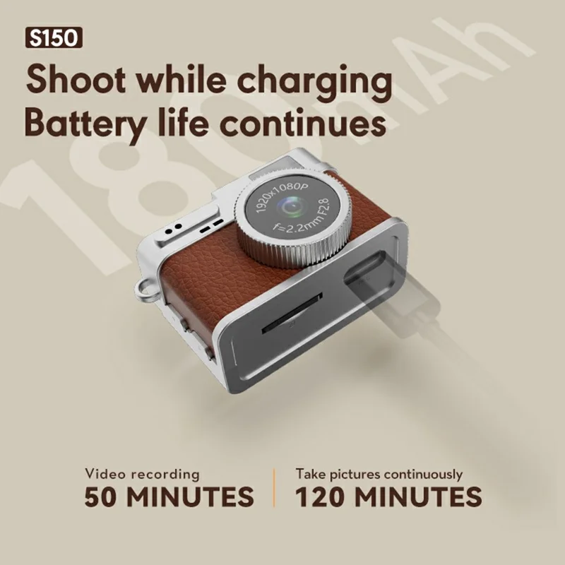 S150 Caméra Miniature Portable 1080P HD Vidéo Écran IPS 0,96 Pouce Pendentif Caméra Rétro avec Carte TF 32 Go - Marron