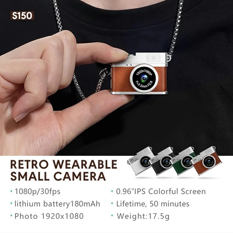 S150 Caméra Miniature Portable 1080P HD Vidéo Écran IPS 0,96 Pouce Pendentif Caméra Rétro avec Carte TF 32 Go - Marron