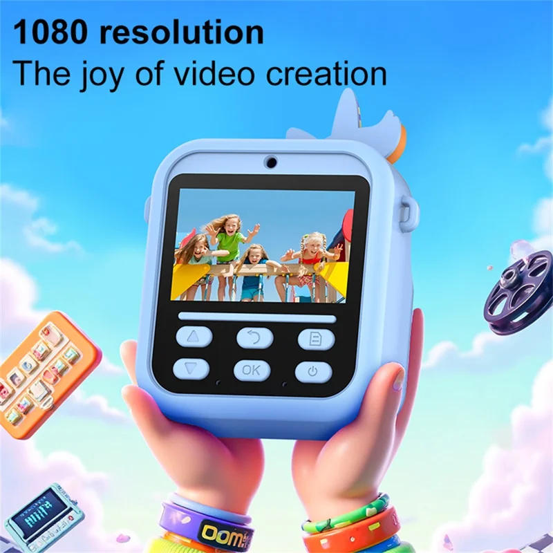 Детская камера S1 с 2,4-дюймовым IPS-экраном, мгновенной печатью, двойным объективом и HD-видеосъемкой, комплект с 32 ГБ картой памяти и кардридером - Синий Кролик