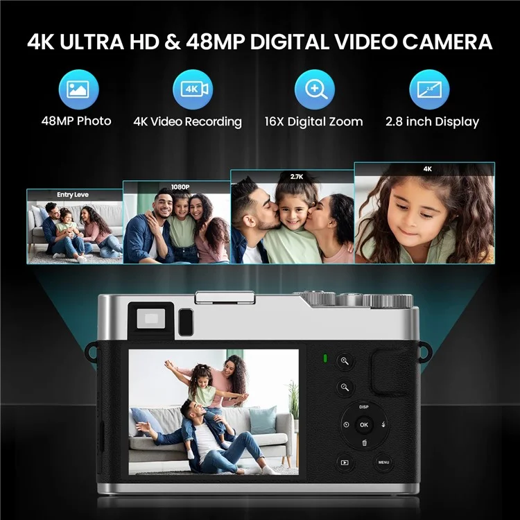 DC202L-AF Retro 4K Selfie-kamera Photoflash Light Digitalkamera Für Kinder Teenager - Schwarz